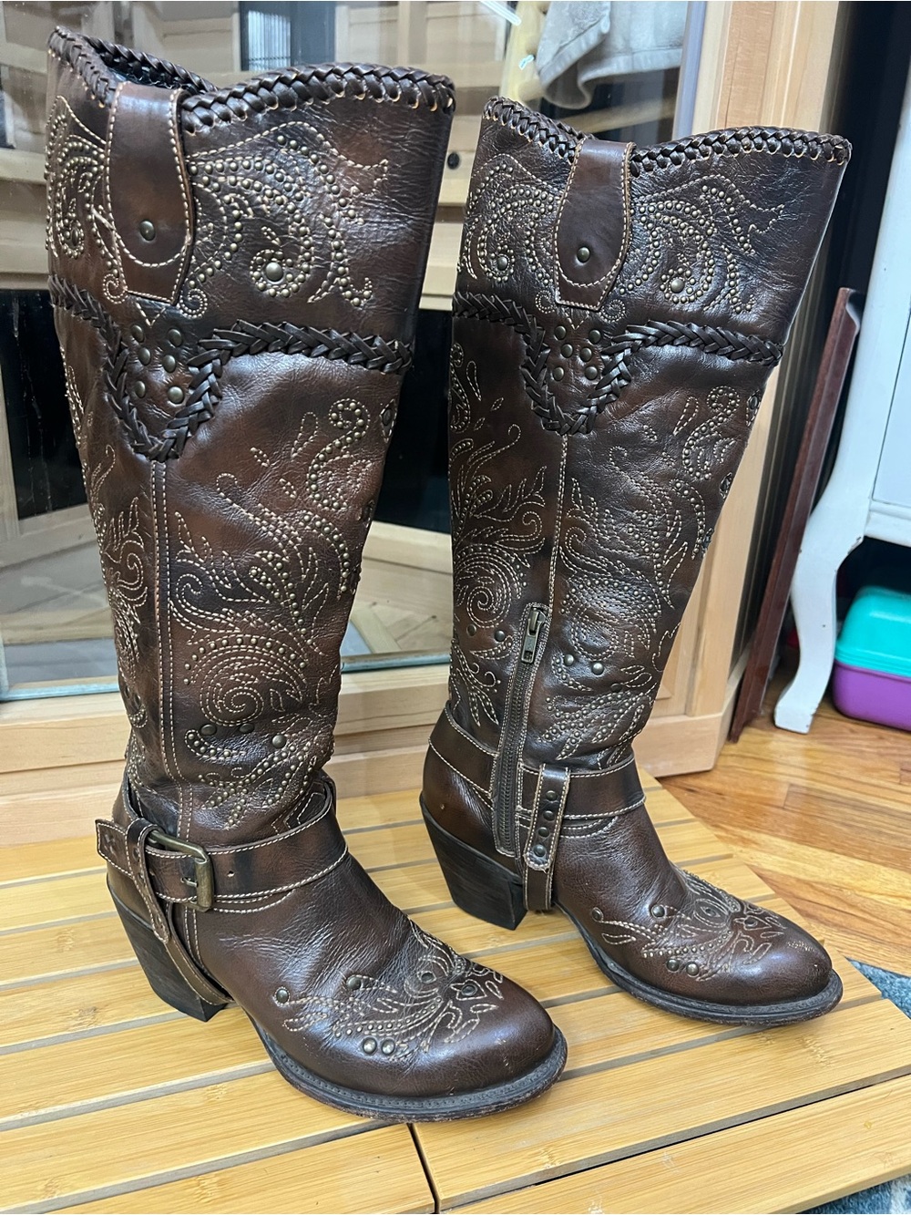 Black Star Andromeda Brown Embroidered studded Tall Western Boots size 9 - Picture 2 of 15